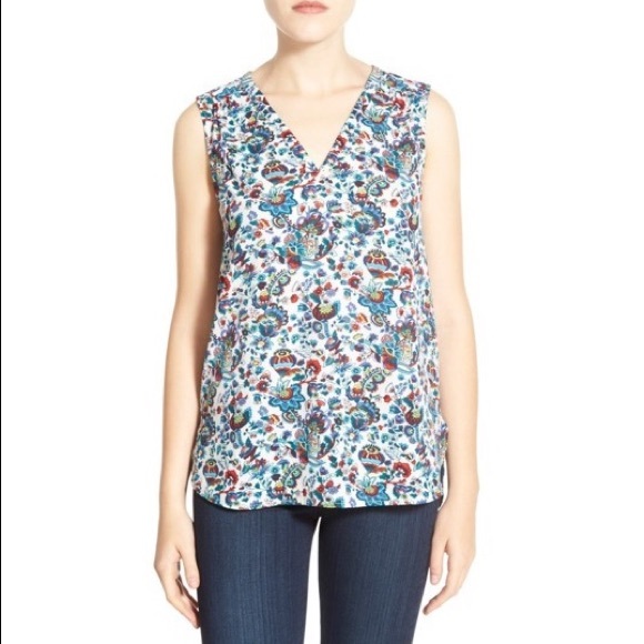Halogen V Neck Sleeveless Floral Print Blouse - Picture 1 of 6